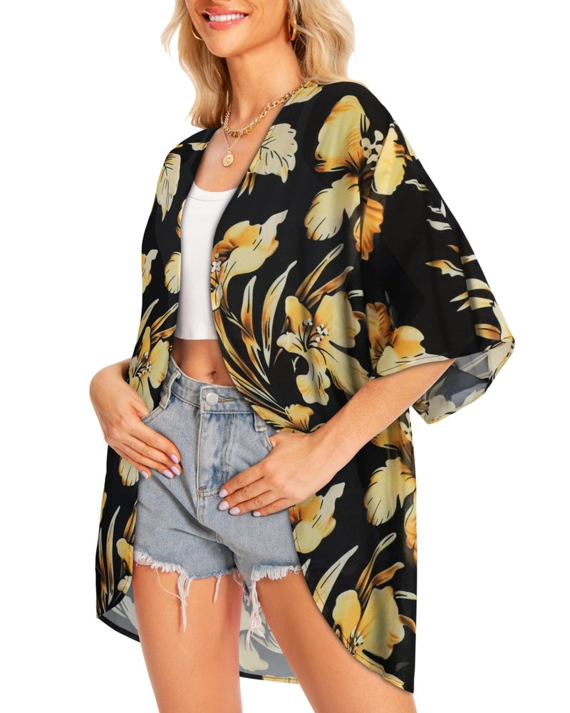 rosemia Kimono Cardigans for Women Bikini Summer Tops Bathing Suit Cover Ups Hawaiian Shirts 2026 (Golden Big Flower,L) - Image 5