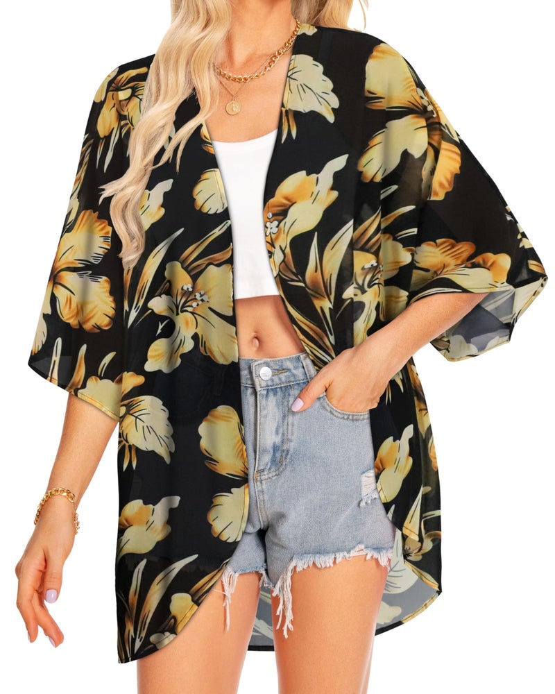 rosemia Kimono Cardigans for Women Bikini Summer Tops Bathing Suit Cover Ups Hawaiian Shirts 2026 (Golden Big Flower,L) - Image 4