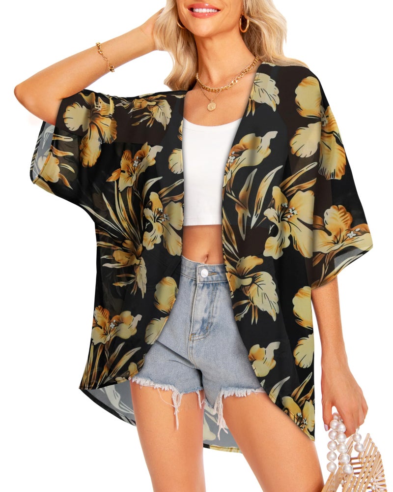 rosemia Kimono Cardigans for Women Bikini Summer Tops Bathing Suit Cover Ups Hawaiian Shirts 2026 (Golden Big Flower,L) - Image 3