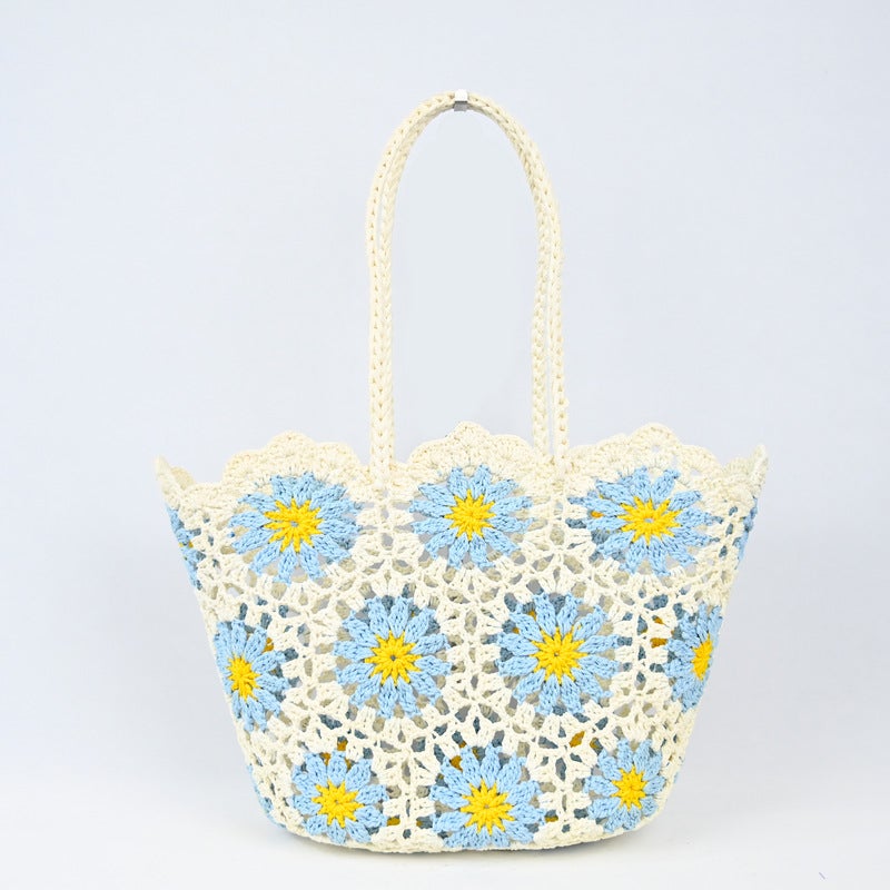 Oval Patchwork Hollow-Out Handbag Casual Vacation Crochet Bag Korean-Style Tote Bag Women''s Shoulder Crochet Bag - Image 5