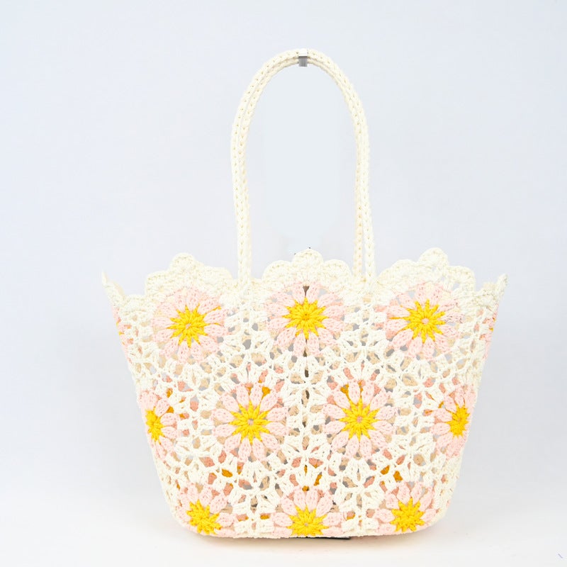 Oval Patchwork Hollow-Out Handbag Casual Vacation Crochet Bag Korean-Style Tote Bag Women''s Shoulder Crochet Bag - Image 4