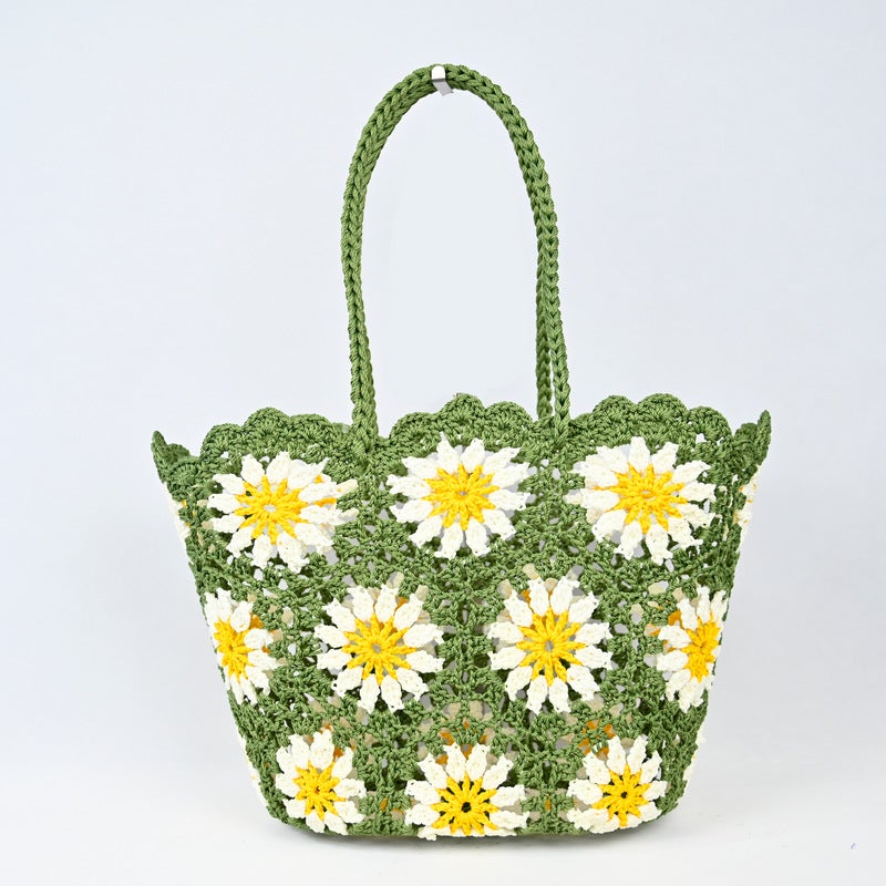 Oval Patchwork Hollow-Out Handbag Casual Vacation Crochet Bag Korean-Style Tote Bag Women''s Shoulder Crochet Bag - Image 1