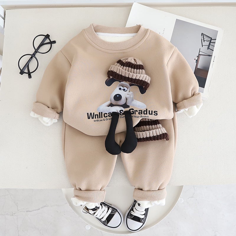 2023 autumn and winter new boys and girls fleece-lined three-dimensional hat long sleeve suit baby warm pants two-piece set Creamy-white 