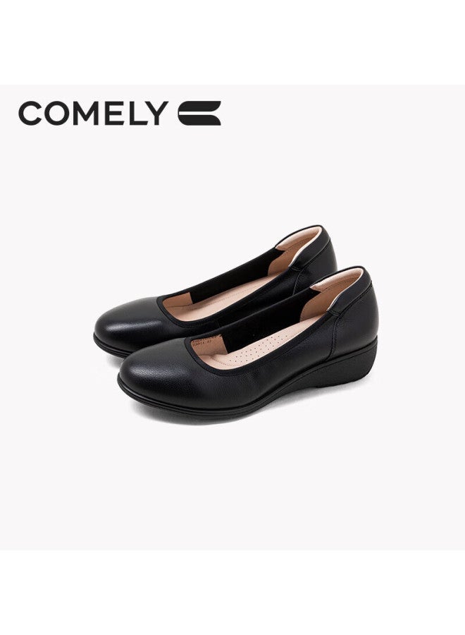 Comely Soft Cowhide Flats For Women, Autumn Round Toe Comfortable Flat Shoes, Soft Sole Versatile Commuter Mom Shoes, Black, Size 38 - Image 1