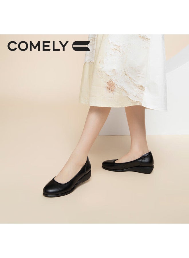 Comely Soft Cowhide Flats For Women, Autumn Round Toe Comfortable Flat Shoes, Soft Sole Versatile Commuter Mom Shoes, Black, Size 38 - Image 2