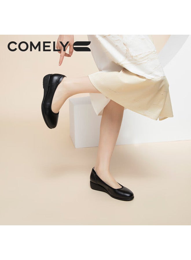 Comely Soft Cowhide Flats For Women, Autumn Round Toe Comfortable Flat Shoes, Soft Sole Versatile Commuter Mom Shoes, Black, Size 38 - Image 3