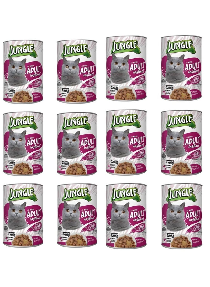 جانغل جنغل طعام قطط رطب للقطط البالغة بنكهة لحم الضأن والخضروات – 12 عبوة × 415 جرام - Image 1