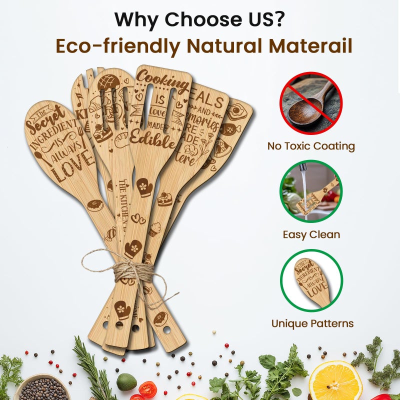 CUTHOLLOW 6PCS Funny Kitchen Wooden Kitchen Cooking Utensil Set, 11.9in Non Toxic Bamboo Wood Spoon Set for Cooking, Best Housewarming Birthday Thanksgiving Christmas Gift for Women Mother - Image 3