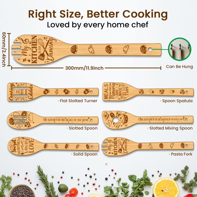CUTHOLLOW 6PCS Funny Kitchen Wooden Kitchen Cooking Utensil Set, 11.9in Non Toxic Bamboo Wood Spoon Set for Cooking, Best Housewarming Birthday Thanksgiving Christmas Gift for Women Mother - Image 2