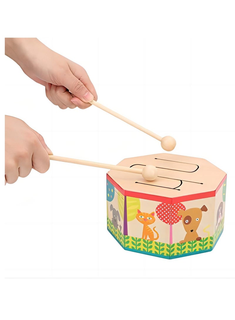 SYOSI Kids Drum Wood Toy Handheld Mini Percussion Instrument Drum Musical Drum Toys with 2 Mallets for Baby Children Infant Toddler - Image 2