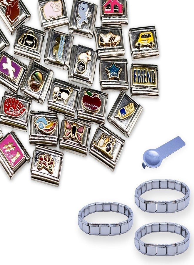 Fablinks Italian Charm Bracelet Charms - 28 Italian Links Starter Pack, 9mm Stainless Steel Jewelry Links with 3 Blank Bracelets and 1 Tool (28 Charm Pack) - Image 1
