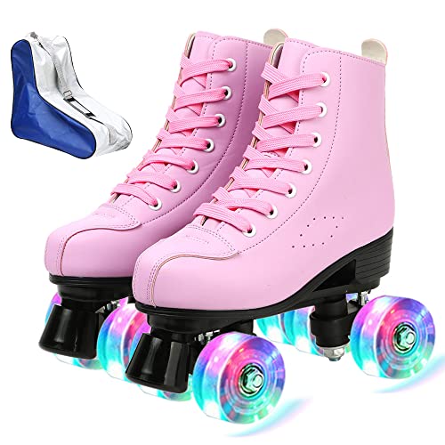 XUDREZ Roller Skates for Women Men Cozy PU Leather High-top Roller Skates for Beginner Double-Row PU Wheels, Professional Indoor Outdoor Roller Skates with Shoes Bag (Pink Flash,39) - Image 1