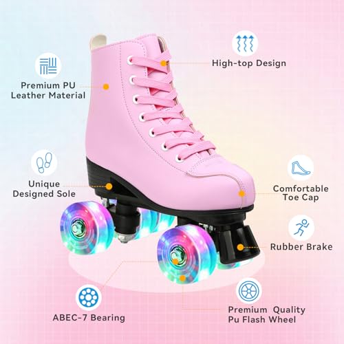 XUDREZ Roller Skates for Women Men Cozy PU Leather High-top Roller Skates for Beginner Double-Row PU Wheels, Professional Indoor Outdoor Roller Skates with Shoes Bag (Pink Flash,39) - Image 4