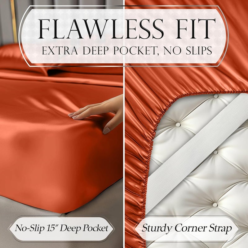 DECOLURE Satin Bed Sheets - 3 Piece Luxury Silky Twin Size Bedding Set - Softer Than Silk, Wrinkle-Free with 15” Deep Pocket Fitted Sheet, Perfect for Hair & Skin, Gifts for Women (Burnt Orange) - Image 5