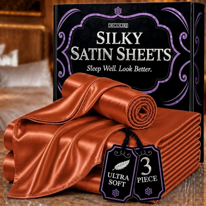 DECOLURE Satin Bed Sheets - 3 Piece Luxury Silky Twin Size Bedding Set - Softer Than Silk, Wrinkle-Free with 15” Deep Pocket Fitted Sheet, Perfect for Hair & Skin, Gifts for Women (Burnt Orange) - Image 1