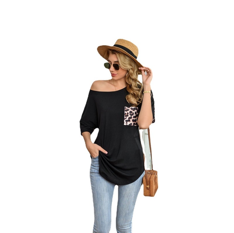 2021 summer new products Europe and the United States wish leopard print stitching pocket short-sleeved loose printing round neck T-shirt women white S - Image 3