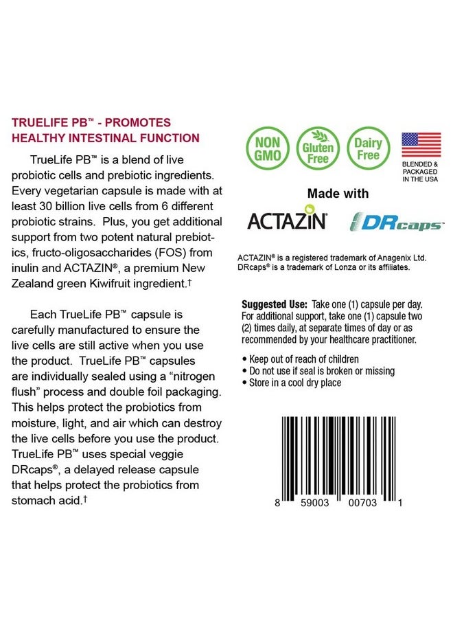 NatureCity Truelifepb Shelf Stable Probiotic & Prebiotic Blend Dairy Free For Men & Women 30 Veggie Capsules (2 Pack)  - Image 5