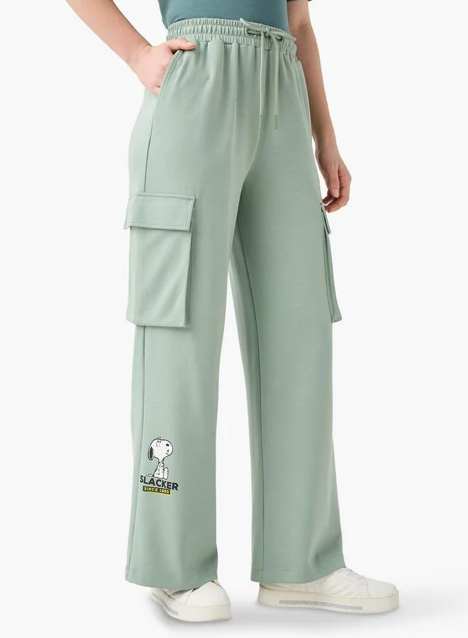 Snoopy Print Cargo Jog Pants with Drawstring Closure