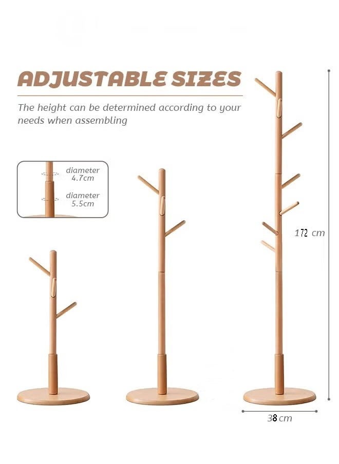 Coat Rack Freestanding Bamboo Wooden 8 Hooks 3 Adjustable Standing Coat Hanger