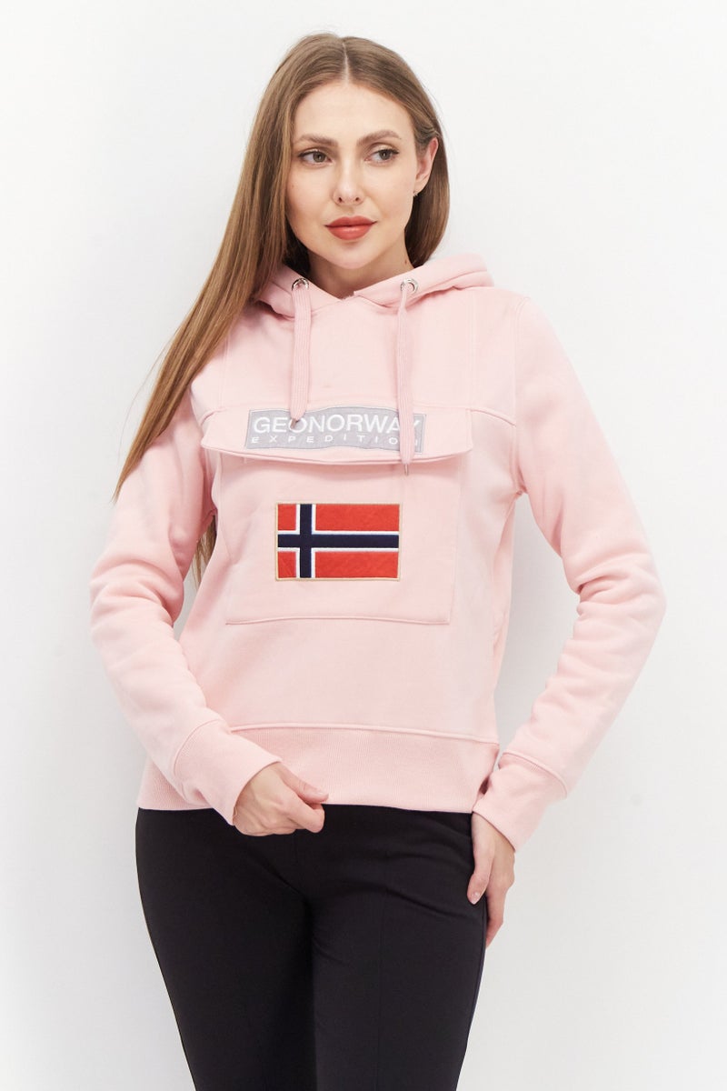GEOGRAPHICAL NORWAY Women Hooded Long Sleeve Embroiered Logo Sweatshirt, Pink - Image 1