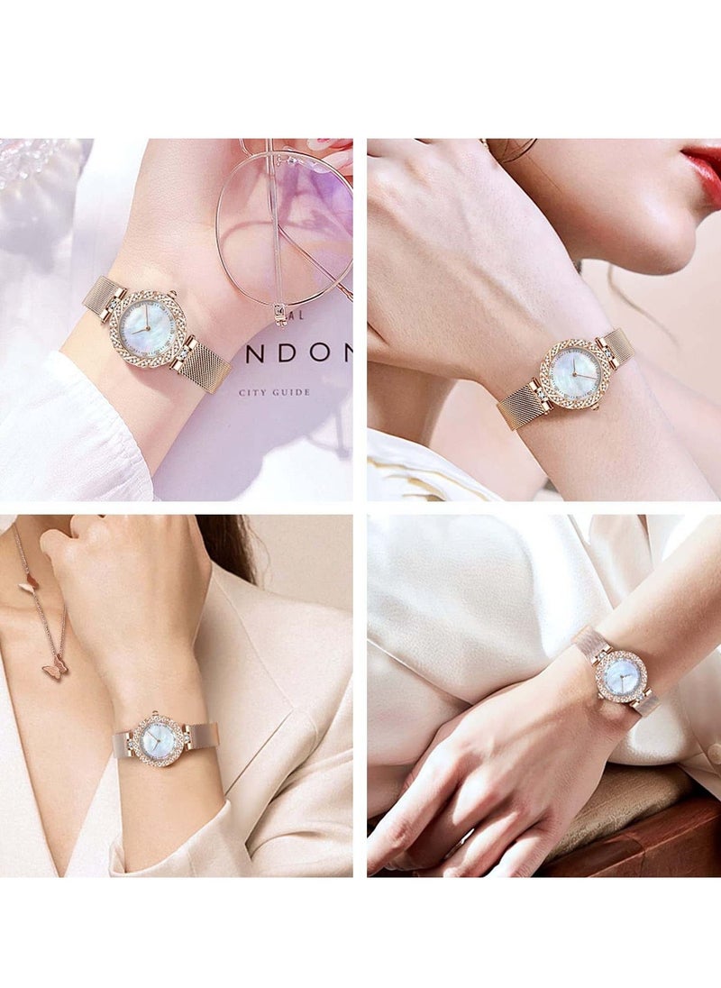 طقم ساعات نسائية أنيقة، 3 قطع ساعات نسائية مع سوار وقلادة، ساعات كوارتز تناظرية مرصعة بالألماس مع حزام من الفولاذ المقاوم للصدأ، ساعة ذهبية وردية ومجموعة مجوهرات - Image 5
