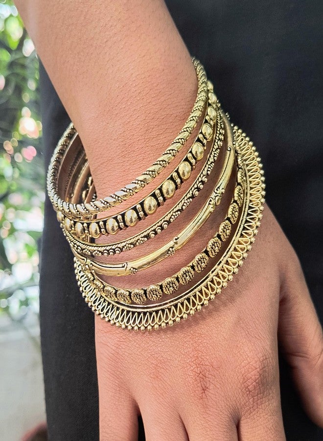 تتش ستون مجموعة أساور من تصميم تاتشستون، مصنوعة يدوياً على الطراز الهندي البوليوودي، تتميز بتفاصيلها الفريدة من الأسلاك المضفرة المستوحاة من ثقافة الأزتك العريقة. طقم من 6 قطع، بلون ذهبي عتيق، للنساء. - Image 2