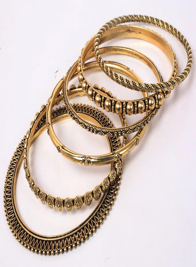 تتش ستون مجموعة أساور من تصميم تاتشستون، مصنوعة يدوياً على الطراز الهندي البوليوودي، تتميز بتفاصيلها الفريدة من الأسلاك المضفرة المستوحاة من ثقافة الأزتك العريقة. طقم من 6 قطع، بلون ذهبي عتيق، للنساء. - Image 3
