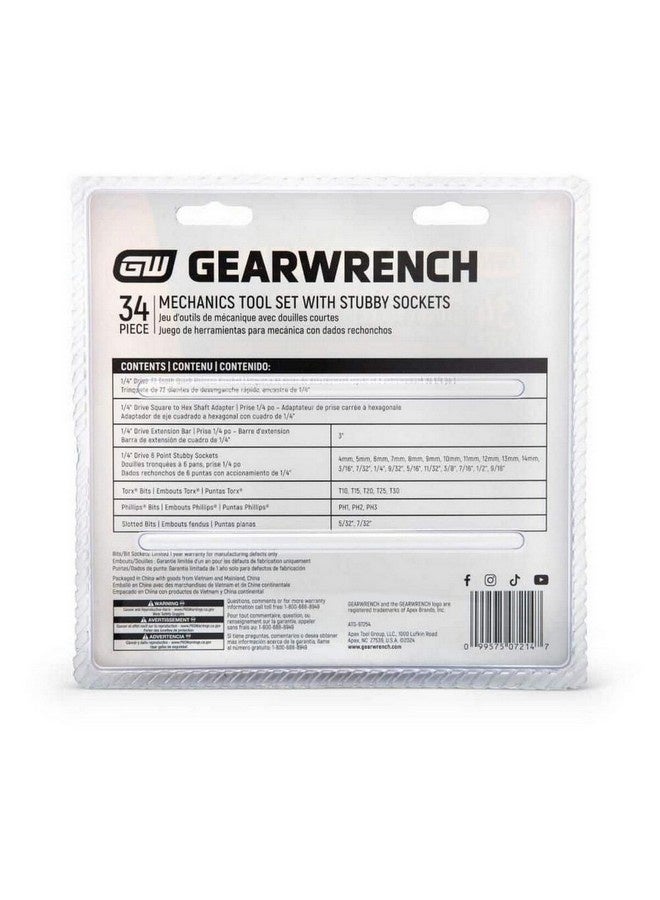 GearWrench 34-Piece 72-Tooth 6-Point SAE/Metric Mechanics Hand Tool Set with Stubby Sockets Silver 1/4 Inch GW72SWS14 - Image 2