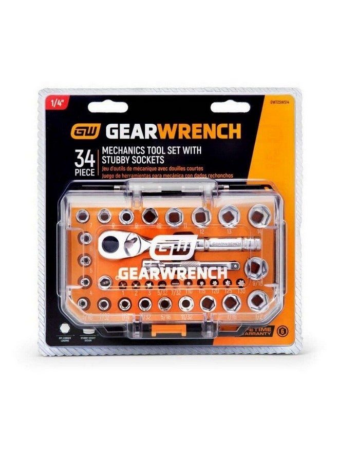 GearWrench 34-Piece 72-Tooth 6-Point SAE/Metric Mechanics Hand Tool Set with Stubby Sockets Silver 1/4 Inch GW72SWS14 - Image 1