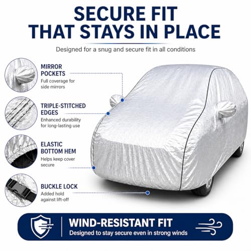 Pivalo Car Cover for Maruti Celerio All Model & Years (2014-2026) 100% Waterproof with Mirror Pockets, Triple Stitched Bottom Elastic Dustproof Full Body Protection (Heat & UV Resistant, Silver) - Image 5