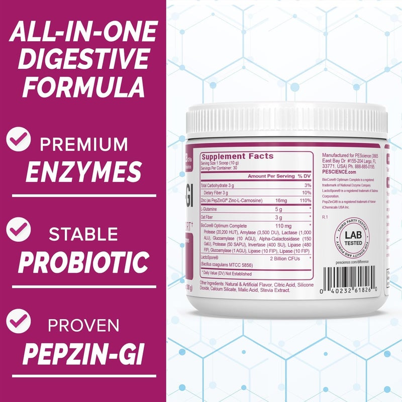 PEScience CompleteGI Gut Health Powder Probiotics for Women and Men Digestive Enzymes Prebiotic Fiber L Glutamine Pepzin GI Zinc Carnosine Raspberry Flavor 30 Servings - Image 5