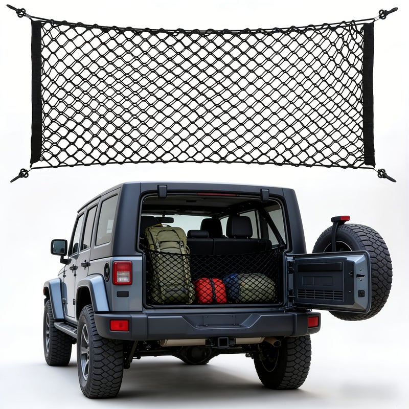 Flexible Hook And Durable Nylon Trunk Storage Net For Pickup SUV And Sedan Models In Black Easily Organize Items And Securely Store Debris - Image 1