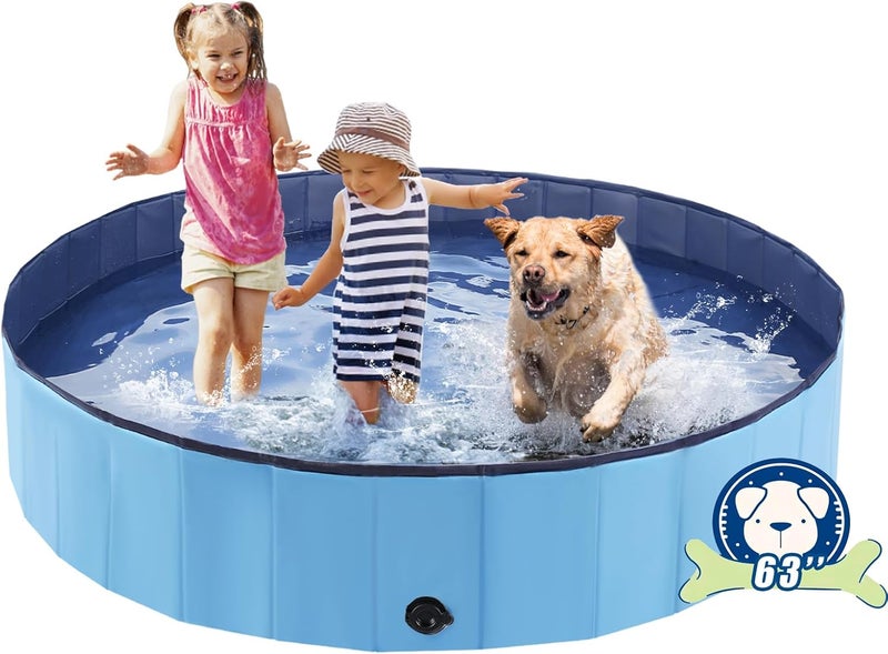 Eooqi Foldable Dog Bath Swimming Pool 63'' Plastic Kiddie Pool Professional Tub Collapsible Grooming Bathtub for Pets Kids Baby and Toddler, 63 x 12 Inches Blue - Image 1