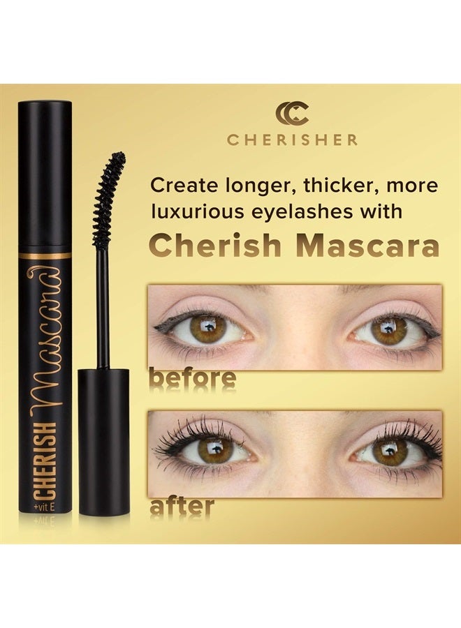 Cherisher Lengtening Hypoallergenic Cherish Mascara With Vitamin E | Premium Deep Black Color Gluten Free Volumizing Eye Mascara With Vitamins Makes Perfect Natural Bold Eyelashes And Care Your Sensitive Eyes