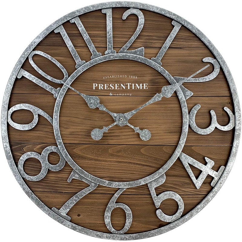 Presentime Presentime  Co Vintage Farmhouse Series Galvanized Rustic Barnwood Clock 195 inch Galvanized Finish Arabic Numerals with Weathered Natural Barnwood Farmhouse DcorWall Dcor
