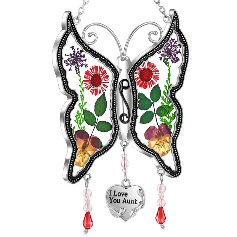 KY&BOSAM KYBOSAM Gift for Aunt Suncatcher Butterfly I Love You Aunt Gift Stain Glass Suncather for Window Hanging Wind Chime with Pressed Flower Embedded Birthday Gifts for Women Mothers Day Christmas 