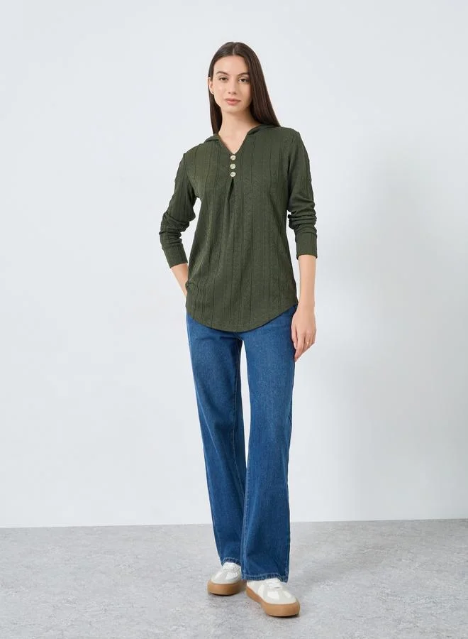 Take Two Dark Green Textured Hooded Top
