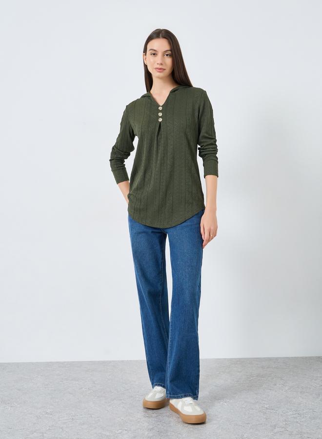 Take Two Dark Green Textured Hooded Top - Image 2