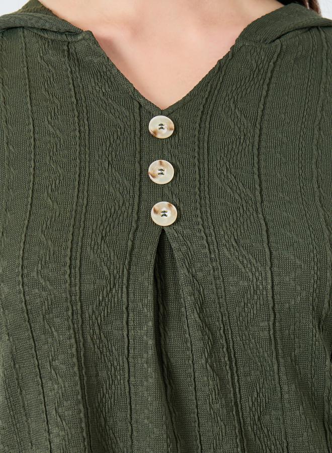 Take Two Dark Green Textured Hooded Top - Image 3
