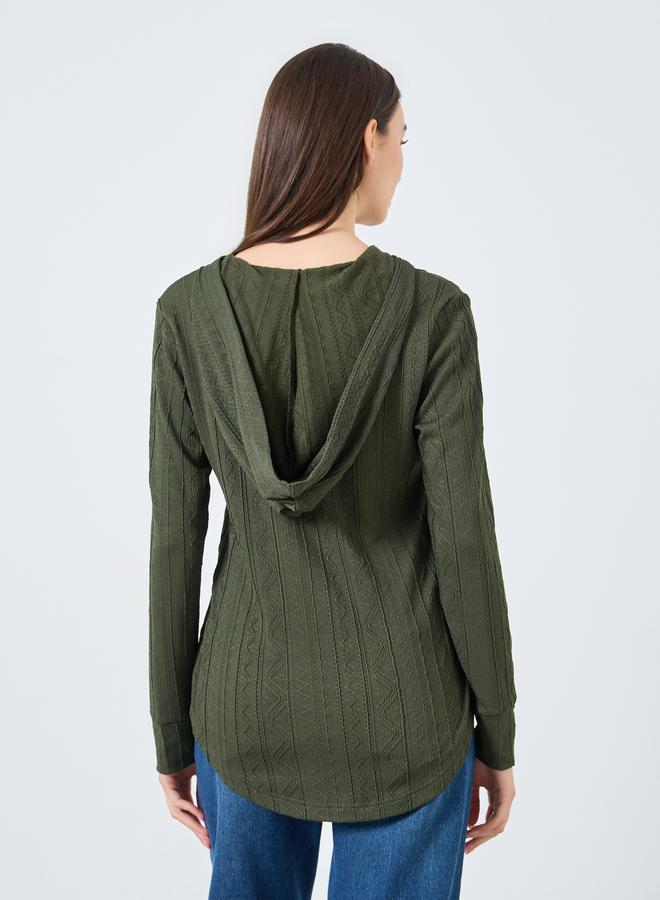Take Two Dark Green Textured Hooded Top - Image 4