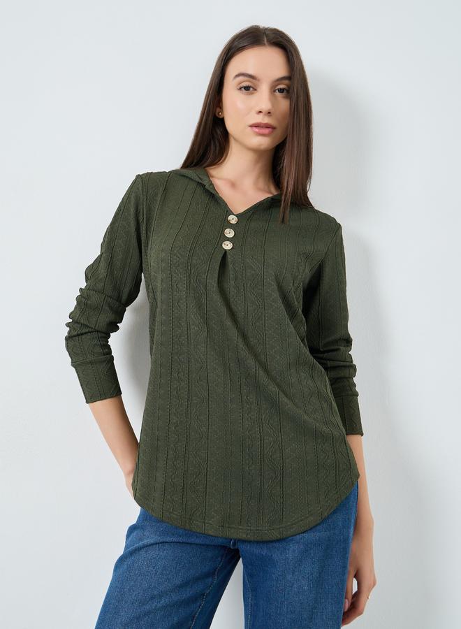 Take Two Dark Green Textured Hooded Top - Image 1