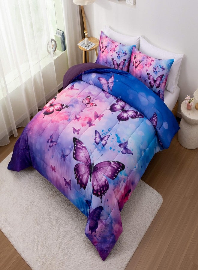 Btargot 3 Piece Butterfly Pattern Girls Comforter Set, Colorful Ink Stick Printing Bedding Set for Women, Pink Purple Twin - Image 3