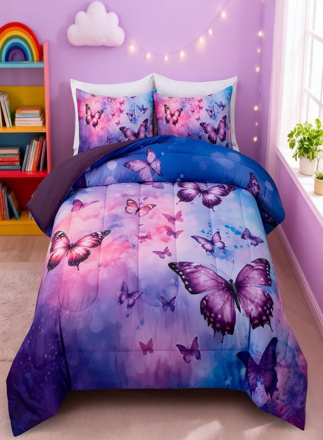 Btargot 3 Piece Butterfly Pattern Girls Comforter Set, Colorful Ink Stick Printing Bedding Set for Women, Pink Purple Twin - Image 2