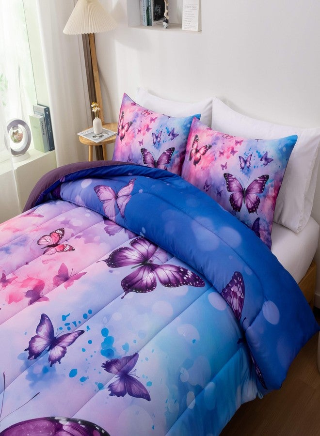 Btargot 3 Piece Butterfly Pattern Girls Comforter Set, Colorful Ink Stick Printing Bedding Set for Women, Pink Purple Twin - Image 4