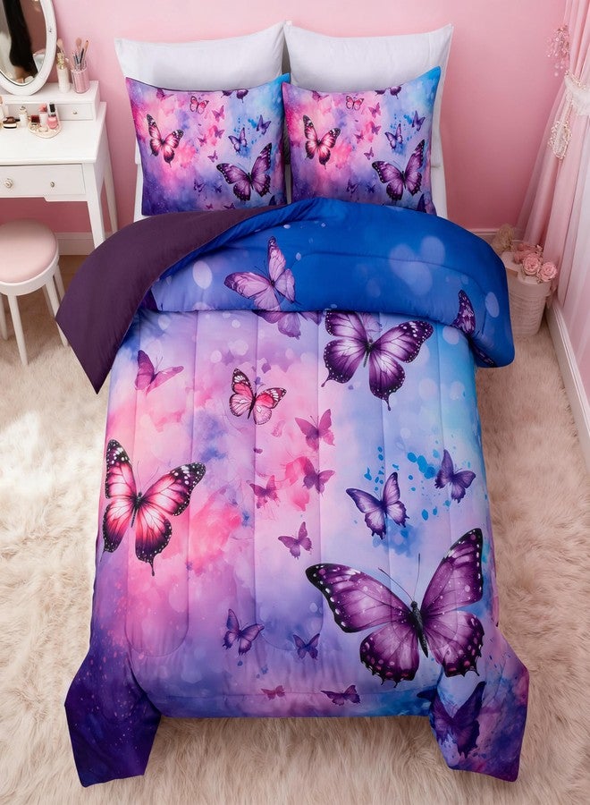 Btargot 3 Piece Butterfly Pattern Girls Comforter Set, Colorful Ink Stick Printing Bedding Set for Women, Pink Purple Twin - Image 1