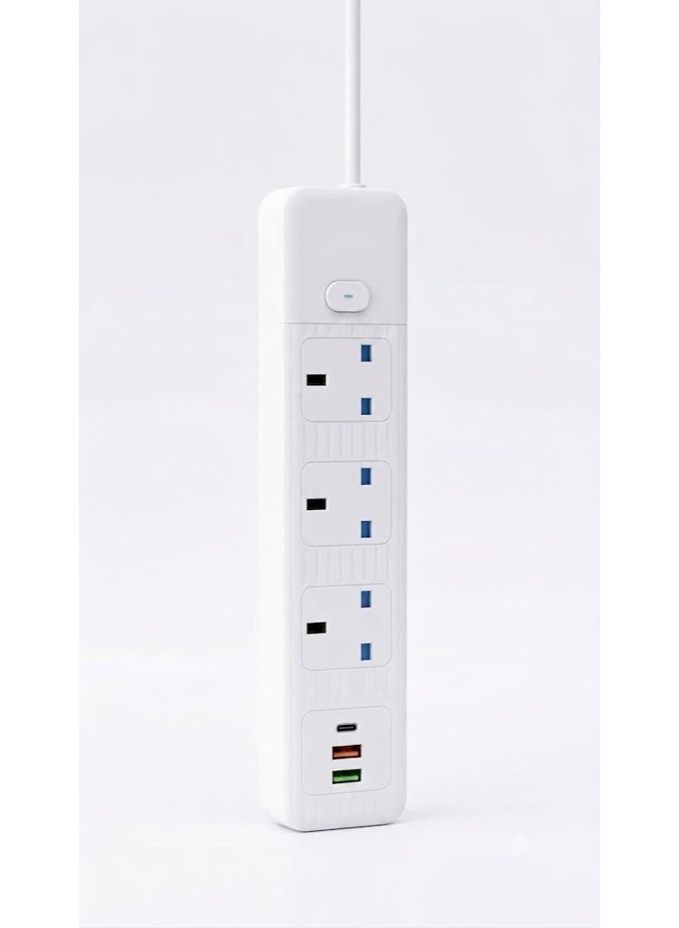 3 Socket Extension Board with USB-C, USB-A Fast Charging Ports | Heavy Duty Power Strip with Master Switch