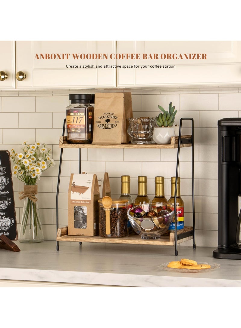 Cuken Countertop Coffee Station Organizer, 2 Tier Wooden Shelf for Coffee Bar Accessories, Condiment Storage Caddy for Kitchen, Home, Office Brown  - Image 3