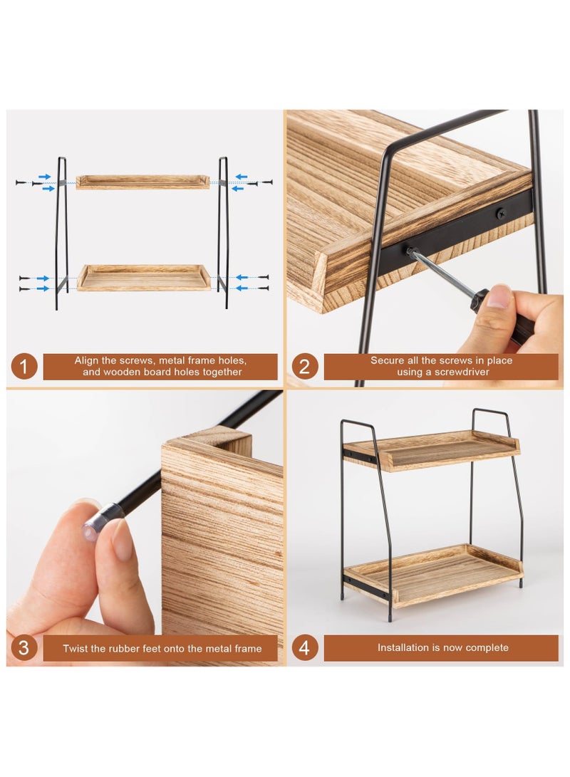 Cuken Countertop Coffee Station Organizer, 2 Tier Wooden Shelf for Coffee Bar Accessories, Condiment Storage Caddy for Kitchen, Home, Office Brown  - Image 5