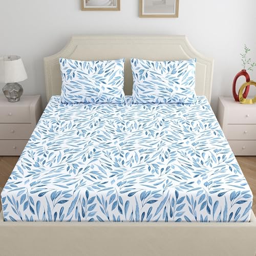 Dreamscape 100% Cotton King Fitted Bedsheet with 2 Pillow Covers - (Size 72 x 78 inches, 140 TC, Colour - Blue: Empire Blue) - Image 2
