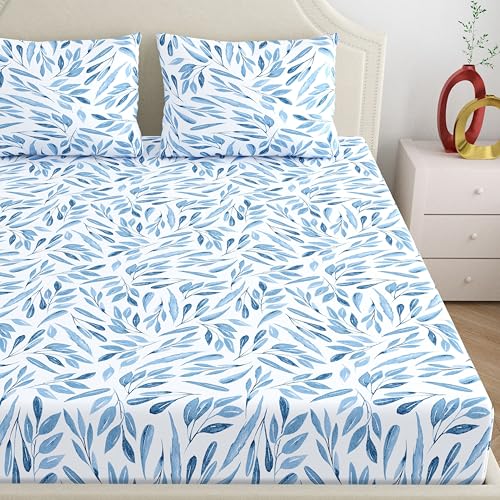 Dreamscape 100% Cotton King Fitted Bedsheet with 2 Pillow Covers - (Size 72 x 78 inches, 140 TC, Colour - Blue: Empire Blue) - Image 3